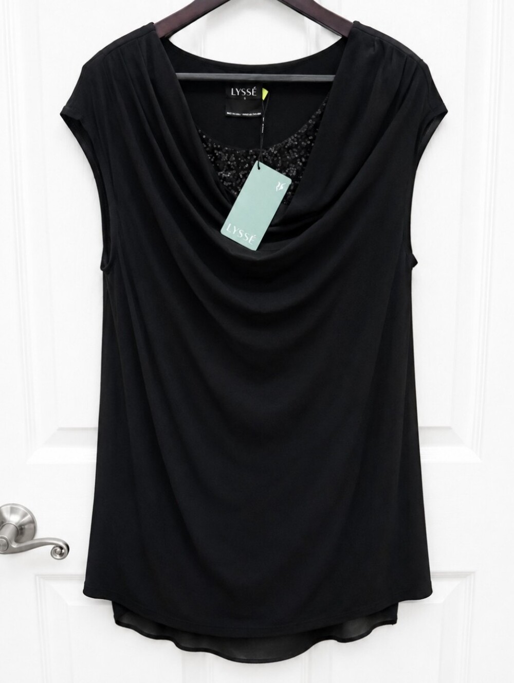 NWT Lyssé Black Drape Neck Sequined Spandex Lined Tunic Top Sz Med